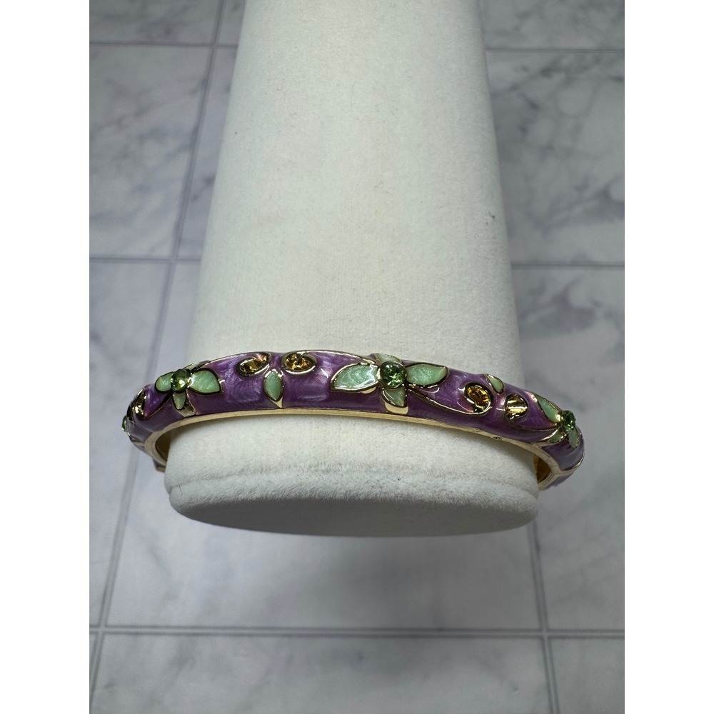 Yiwu Purple Enamel Floral Bangle Bracelet Gold Tone Green Rhinestone Hinge New